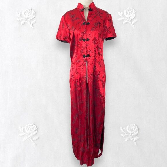 Sheri Martin Vintage Red Satin Black Floral Open Front Kimono Duster Cardigan M - Picture 1 of 7